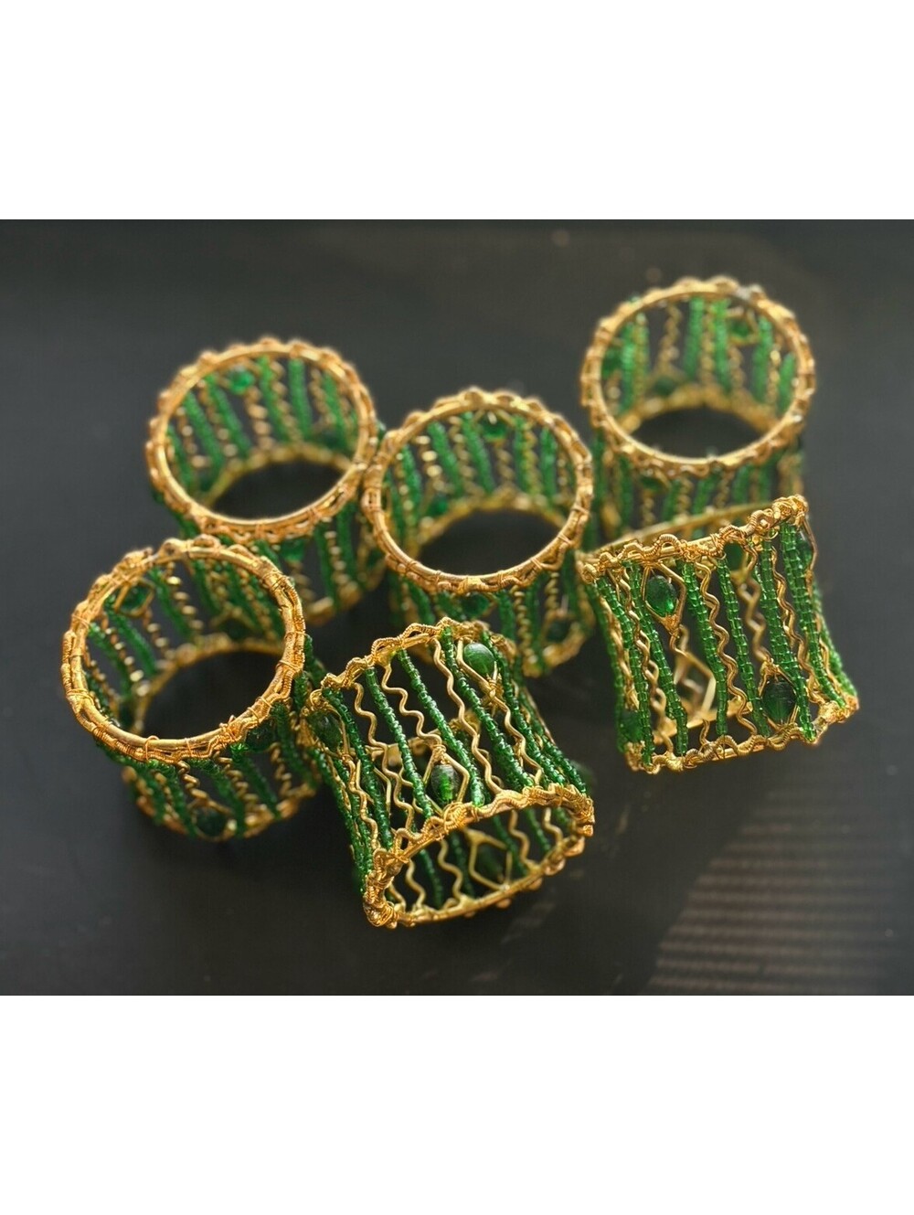 Set of 6 Emerald Green Beaded Napkin Rings Gold Tone Jeweled Table Decor Vintage